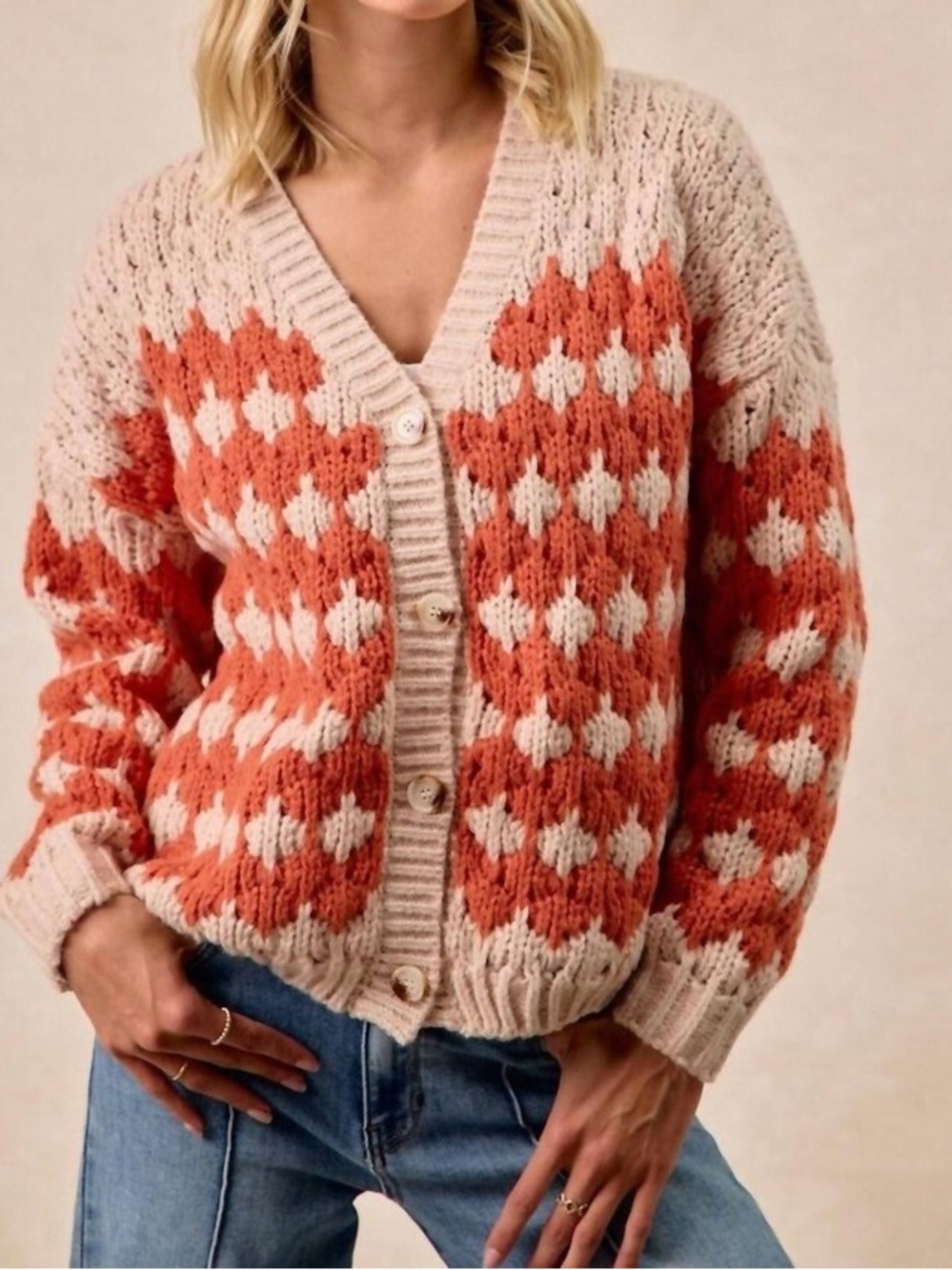 BiBi Cream and Rust Geometric Button-Up Cardigan